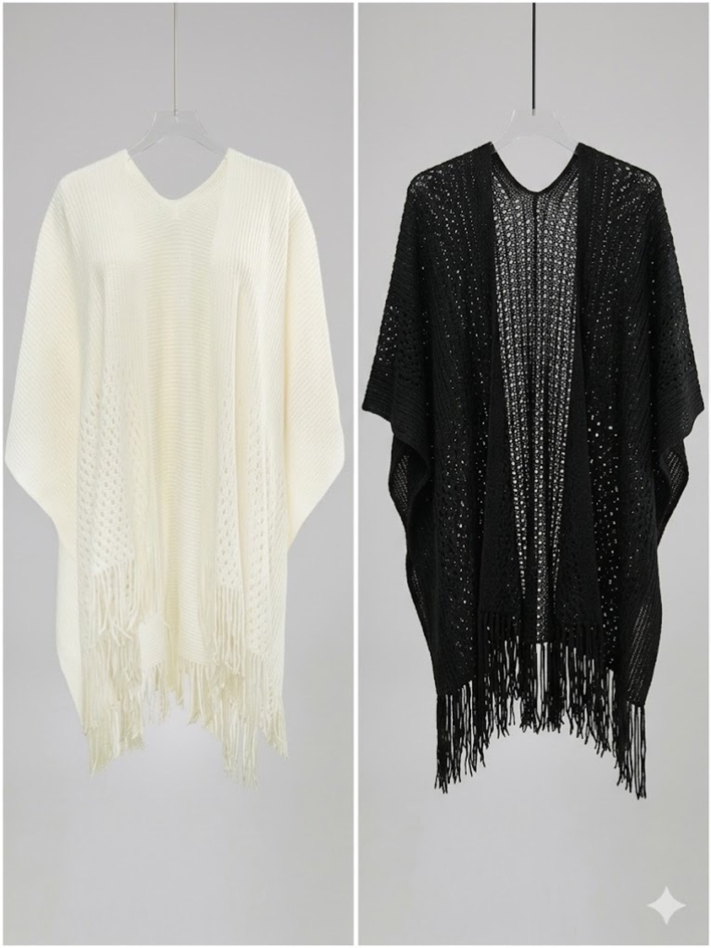 The Skyline Collection Women's Ivory and Black Fringed Open Front Shawl Sweater